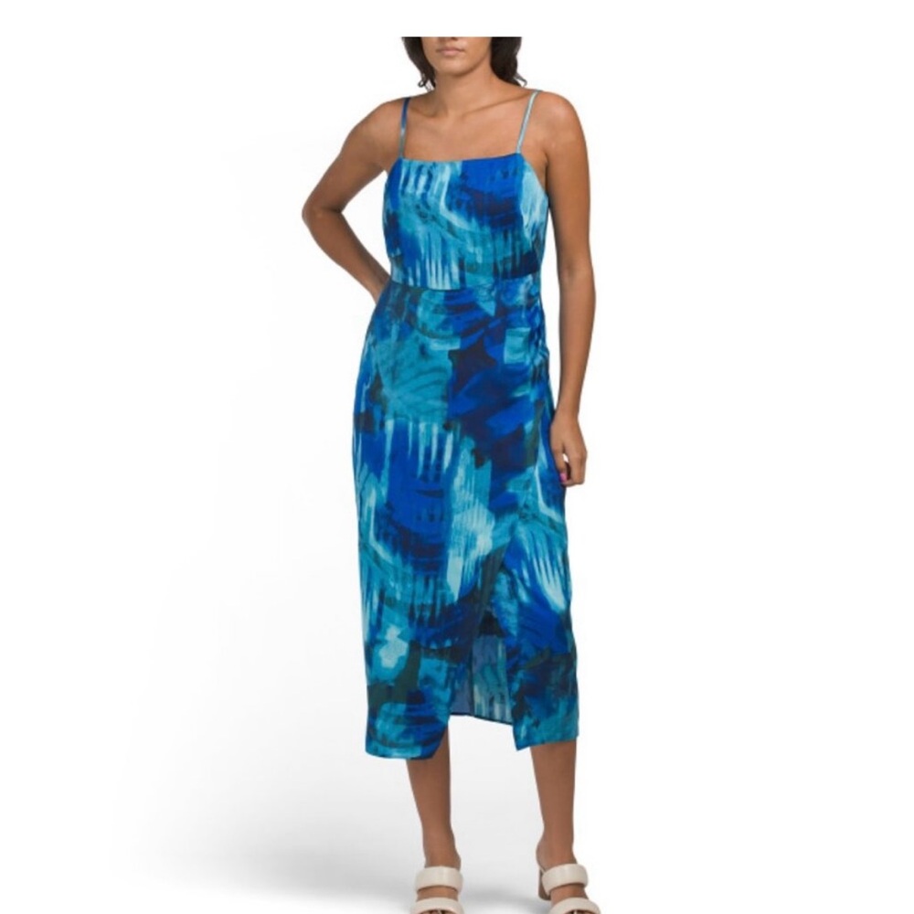 NWOT Connected Apparel Blue Watercolor Tropical Spaghetti Strap Sundress